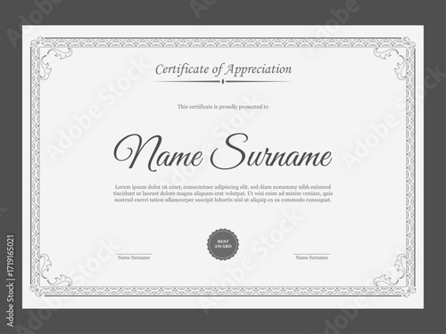 Retro certificate of appreciation template for company. Vintage certificate design with victorian style ornaments.
