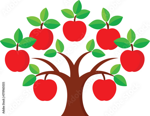 Vector illustration of a ripe apple tree with red apples and green leaves scalable eps