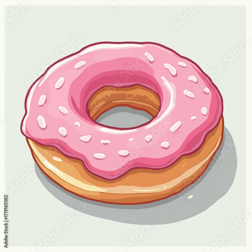 A cartoon illustration of a pink-glazed donut, presented in a stylized, appetizing way.