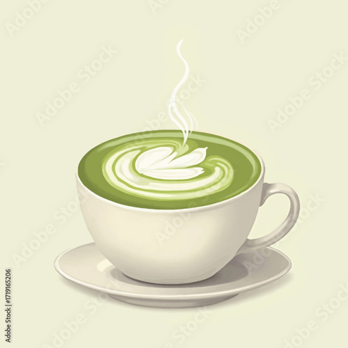 Steaming cup of matcha latte art, served on a saucer.