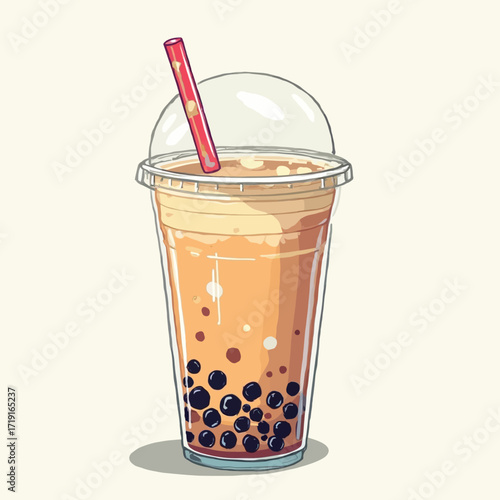 Illustration of a bubble tea drink in a clear plastic cup with a dome lid and a red straw.