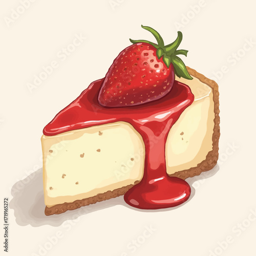 A delectable slice of creamy cheesecake, topped with a fresh strawberry and glistening strawberry sauce.