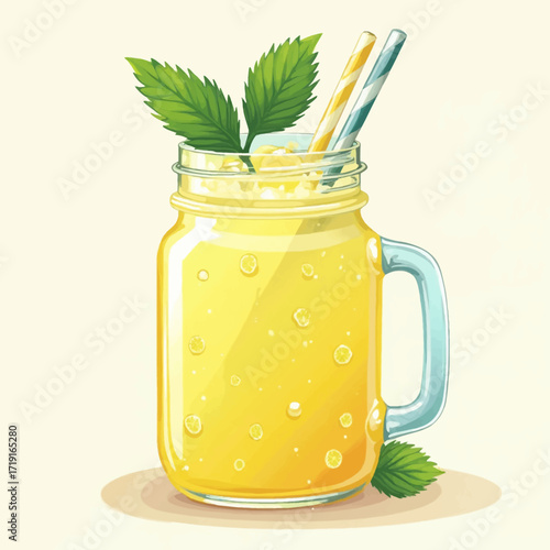 A vibrant yellow smoothie in a mason jar, garnished with mint leaves and striped straws.