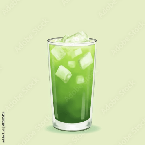 Refreshing iced matcha green tea drink in a tall glass with ice cubes.