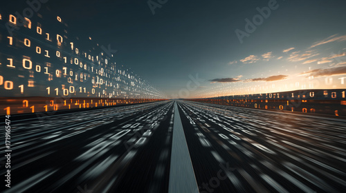 Digital data stream on highway at sunset with binary code overlay and motion blur