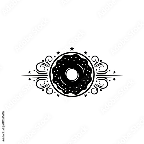 Vintage style donut logo with decorative flourishes.