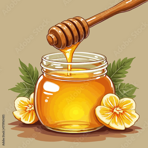 Honey dripping from a wooden dipper into a glass jar, with flowers and leaves.