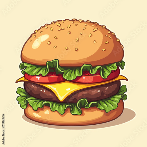 Cartoon illustration of a delicious cheeseburger with sesame seed bun, lettuce, tomato, and melted cheese.