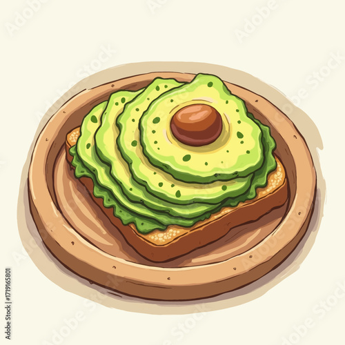 Cartoon-style illustration of avocado toast on a wooden plate, featuring sliced avocado and a seed.