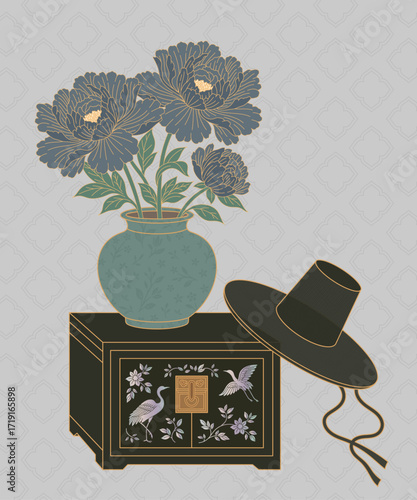 Illustration of Peony, Lacquerware Cabinet, and Traditional Korean Hat