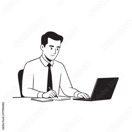 Black and white line art of a hardworking man at office desk with laptop and documents minimalist illustration