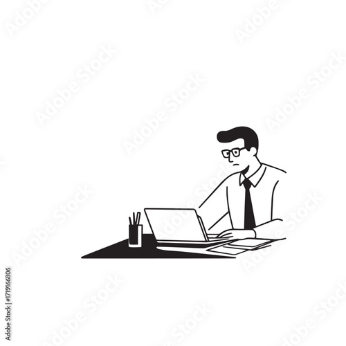 Black and white line art of a hardworking man at office desk with laptop and documents minimalist illustration