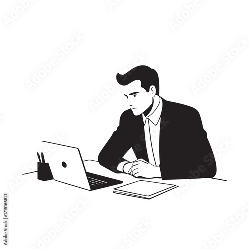 Black and white line art of a hardworking man at office desk with laptop and documents minimalist illustration