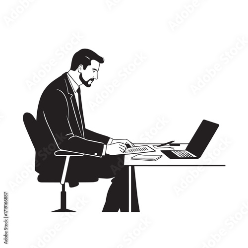 Black and white line art of a hardworking man at office desk with laptop and documents minimalist illustration