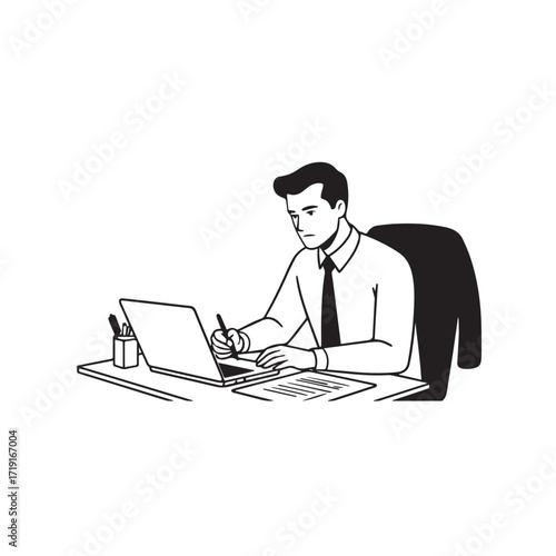 Black and white line art of a hardworking man at office desk with laptop and documents minimalist illustration