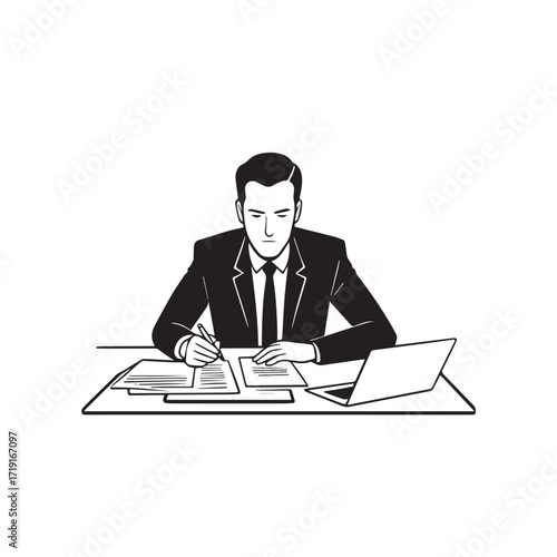 Black and white line art of a hardworking man at office desk with laptop and documents minimalist illustration