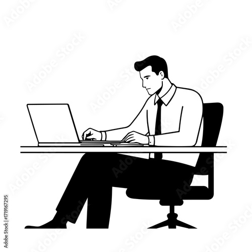 Black and white line art of a hardworking man at office desk with laptop and documents minimalist illustration