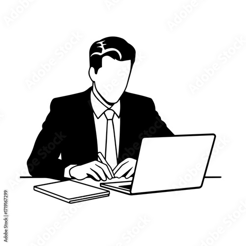 Black and white line art of a hardworking man at office desk with laptop and documents minimalist illustration