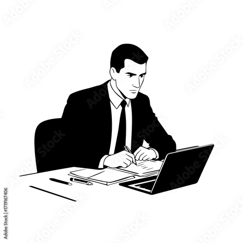 Black and white line art of a hardworking man at office desk with laptop and documents minimalist illustration