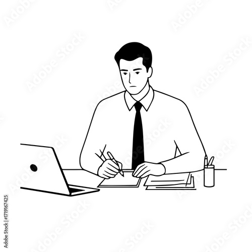 Black and white line art of a hardworking man at office desk with laptop and documents minimalist illustration