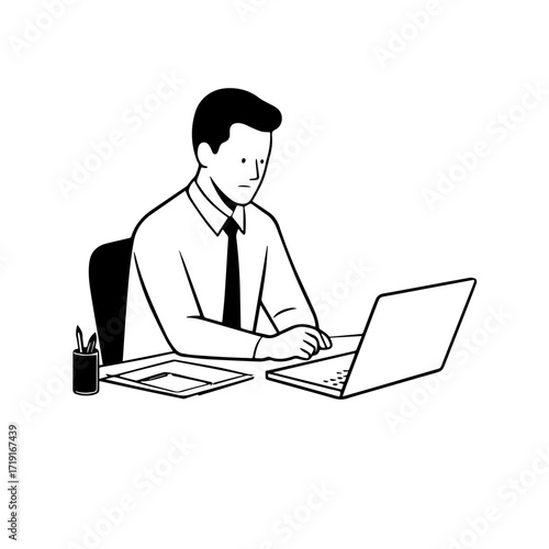 Black and white line art of a hardworking man at office desk with laptop and documents minimalist illustration