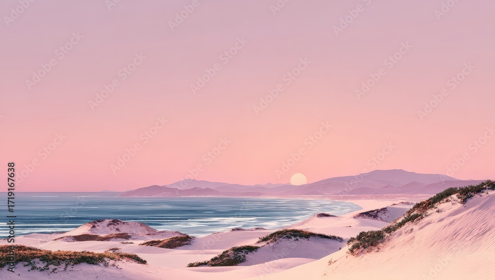 Naklejka premium Pastel pink sunset over a sandy beach