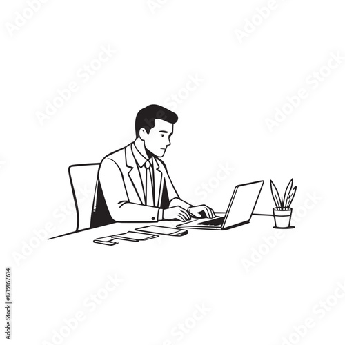 Black and white line art of a hardworking man at office desk with laptop and documents minimalist illustration