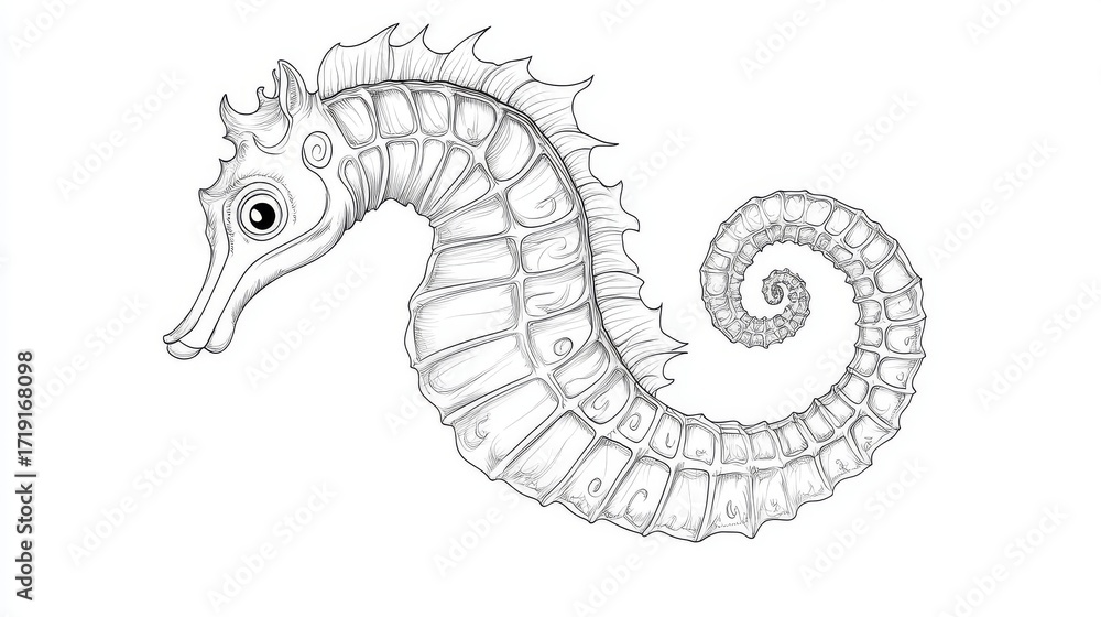 Fototapeta premium 10.A detailed vector drawing of a cartoon seahorse in black and white, ideal for children's coloring books. The seahorseâ€™s long body curves gracefully, and its tail forms a gentle spiral. The fins