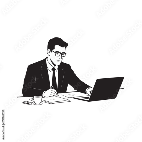 Black and white line art of a hardworking man at office desk with laptop and documents minimalist illustration