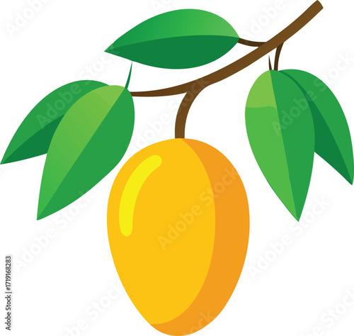 Ripe mango fruit hanging on tree branch with green leaves vector illustration
