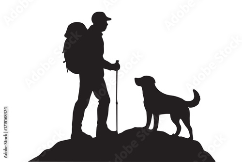 Vector artwork showing a hiker silhouette, young man with backpack walking alongside loyal dog, created entirely in black and white for minimal illustration.
