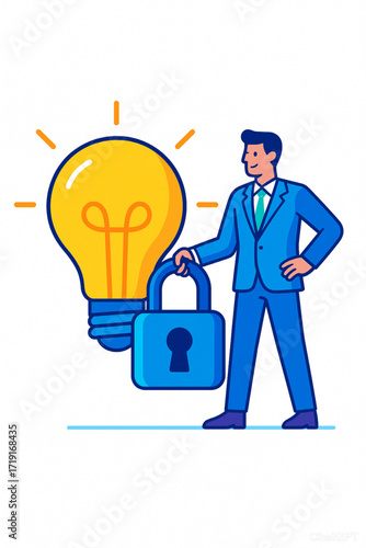 Confident businessman secures bright idea with padlock, protecting innovation and intellectual property