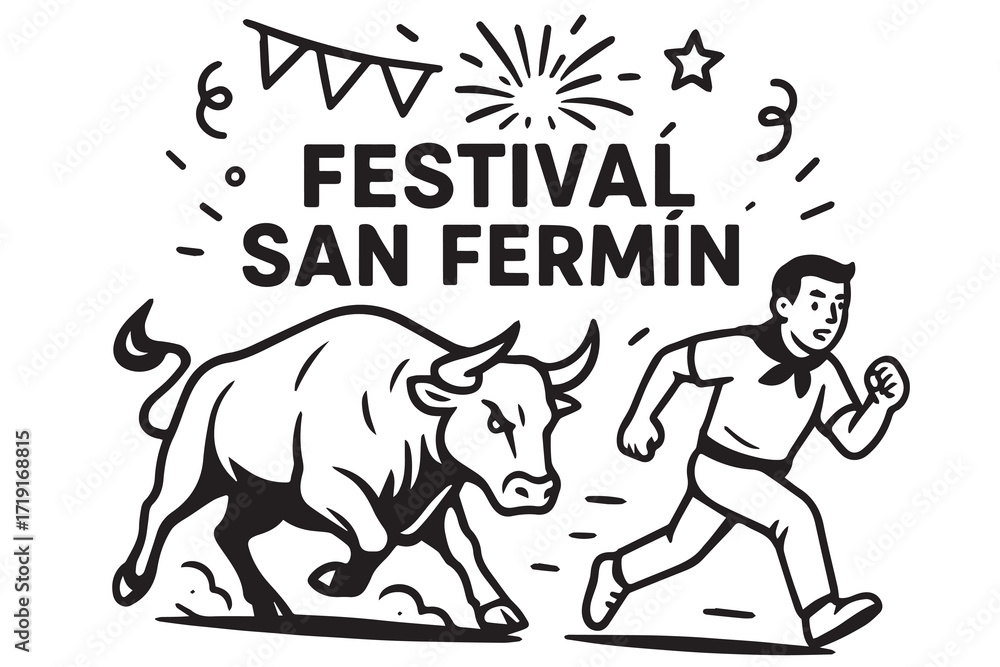 Fototapeta premium Vector background design depicting San Fermin celebration, rendered completely in monochrome black and white with distinct precise black outline emphasizing traditional elements.