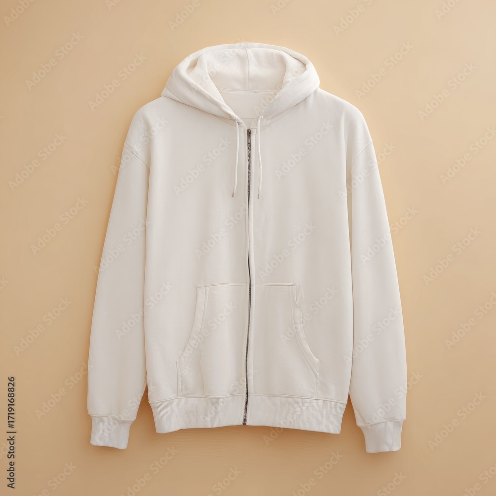 Fototapeta premium White zip-up hoodie, front view, simple style