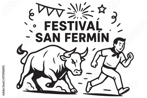 Vector background design depicting San Fermin celebration, rendered completely in monochrome black and white with distinct precise black outline emphasizing traditional elements.