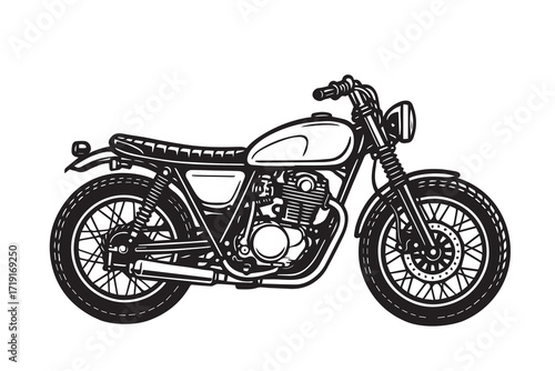 Vector graphic representation of detailed jap style motorcycle, designed fully in minimal black and white theme with sharp bold black outline highlighting form.
