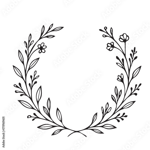 Vector graphic representation of a round floral frame, illustrated simply in black and white with clear bold black outline accentuating ornamental floral pattern.