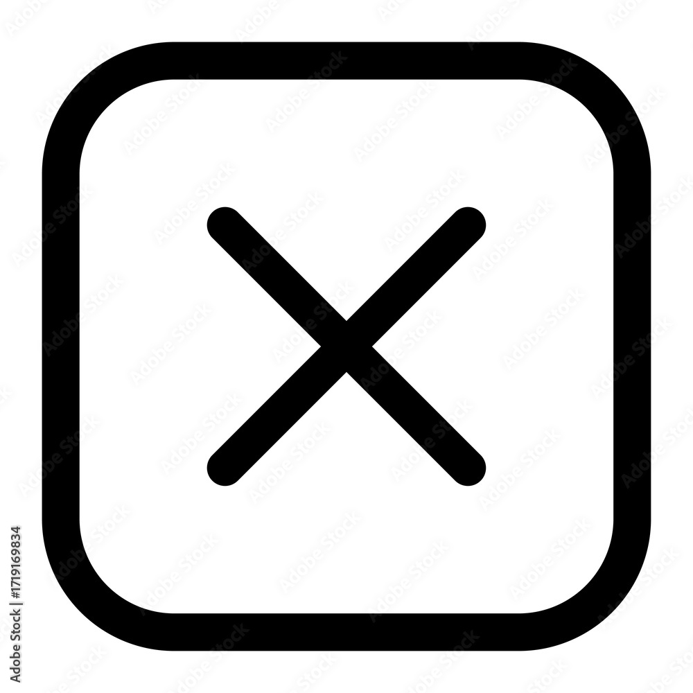 Obraz premium Black outlined square with cross symbol, thin stroke cancel icon, wrong and error mark in minimal flat design for apps, alerts, and digital interface use