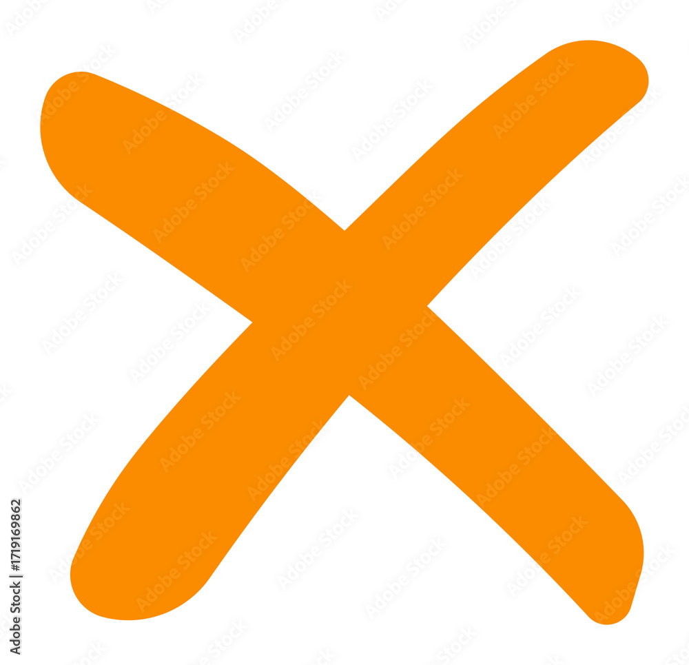 Fototapeta premium Rounded orange brush stroke cross, hand-drawn cancel icon, simple wrong and error mark in textured artistic design for alerts and interface buttons