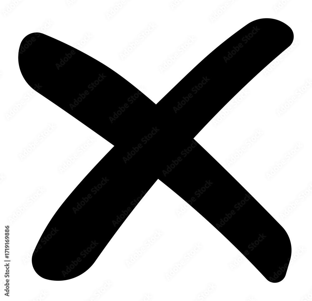 Obraz premium Black curved brush stroke cross symbol, rough hand-drawn cancel and wrong mark, artistic error icon with textured painted design for alerts and UI graphics