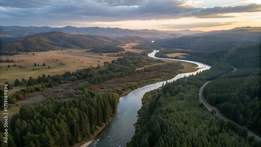 Obraz premium Winding river cuts through forested valley, flanked by meadows, under a cloudy sky at dusk, with distant mountains, creating a serene, expansive landscape. 