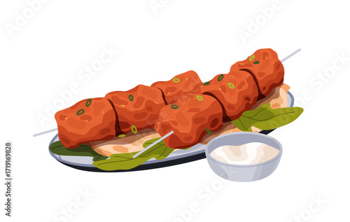 Beef yakitori with bowl of sauce. Asian kebab, shashlik, shish on skewer. Meal of Japanese cuisine, grilled meat, Chinese street food, fastfood. Flat isolated vector illustration on white background