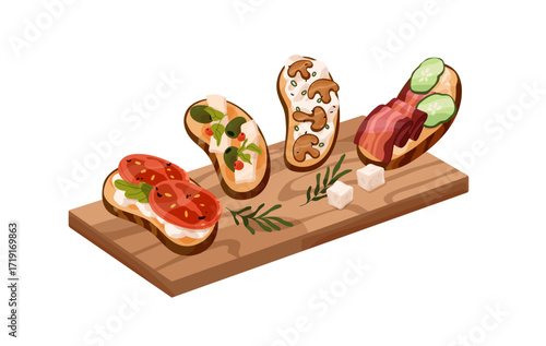 Different bruschettas on wooden cutting board. Sandwiches, bread slices with prosciutto, mushrooms, olives. Restaurant meal, tasty food, snack, eating. Flat isolated vector illustration on white