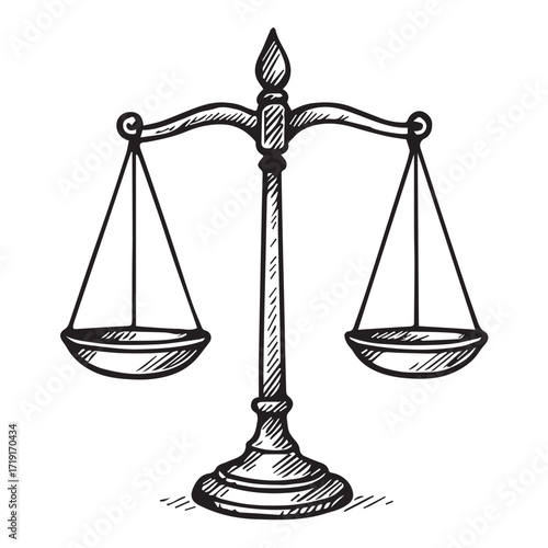 Vector illustration of a justice scale symbol, created entirely in black and white style with bold strong black outline representing fairness and law.