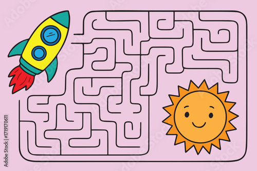 Vector artwork showing fun rocket maze puzzle leading to planet, colorful style created for kids’ learning purposes, educational games, and engaging classroom resources.