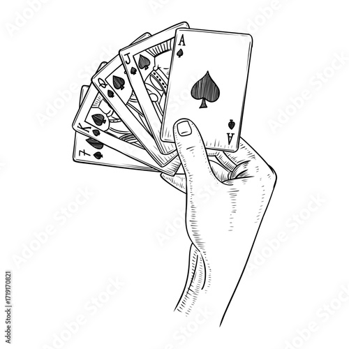 Hand holding poker cards vector line art hand drawn illustration 