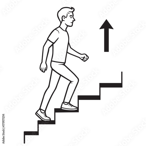 Vector illustration of a man walking upward on stairs, symbolizing progress and growth, designed in black and white with strong bold black outline.
