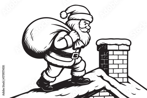 Vector drawing depicting Santa Claus moving across a house roof to reach the chimney, entirely presented in black and white with black outline.