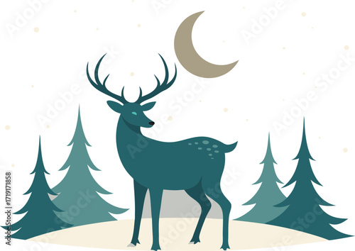 Majestic reindeer standing under crescent moon in snowy forest vector illustration