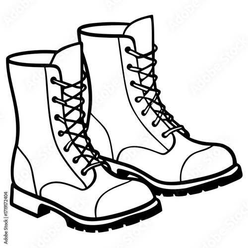 Combat Boot Line Art Sketch Vector Illustration on White Background
